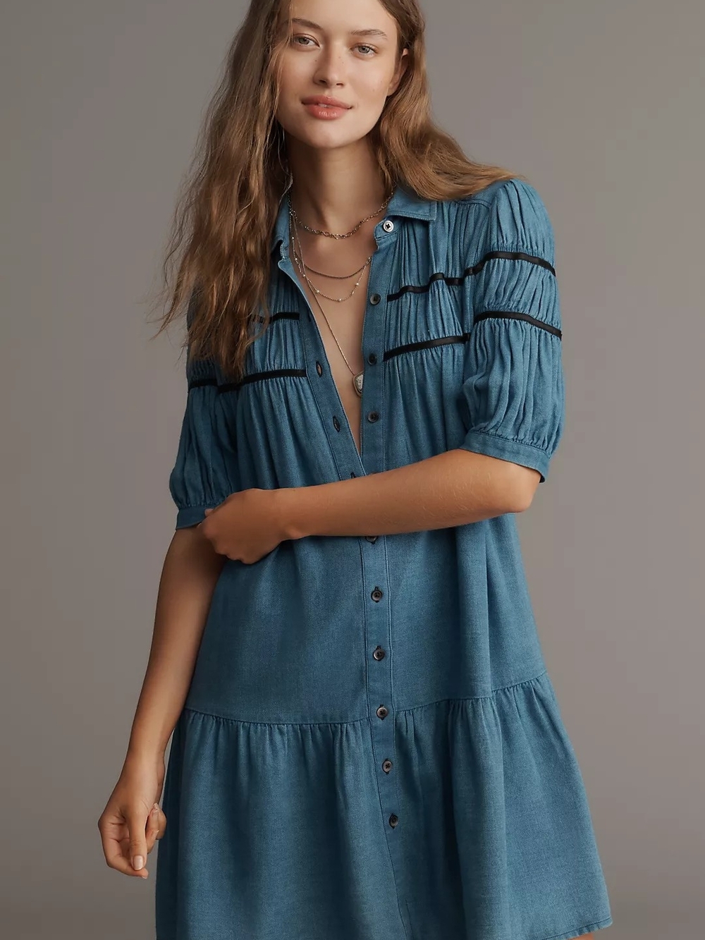 Maeve Teal Blue Button-Front Mini Dress with Pintuck Accents